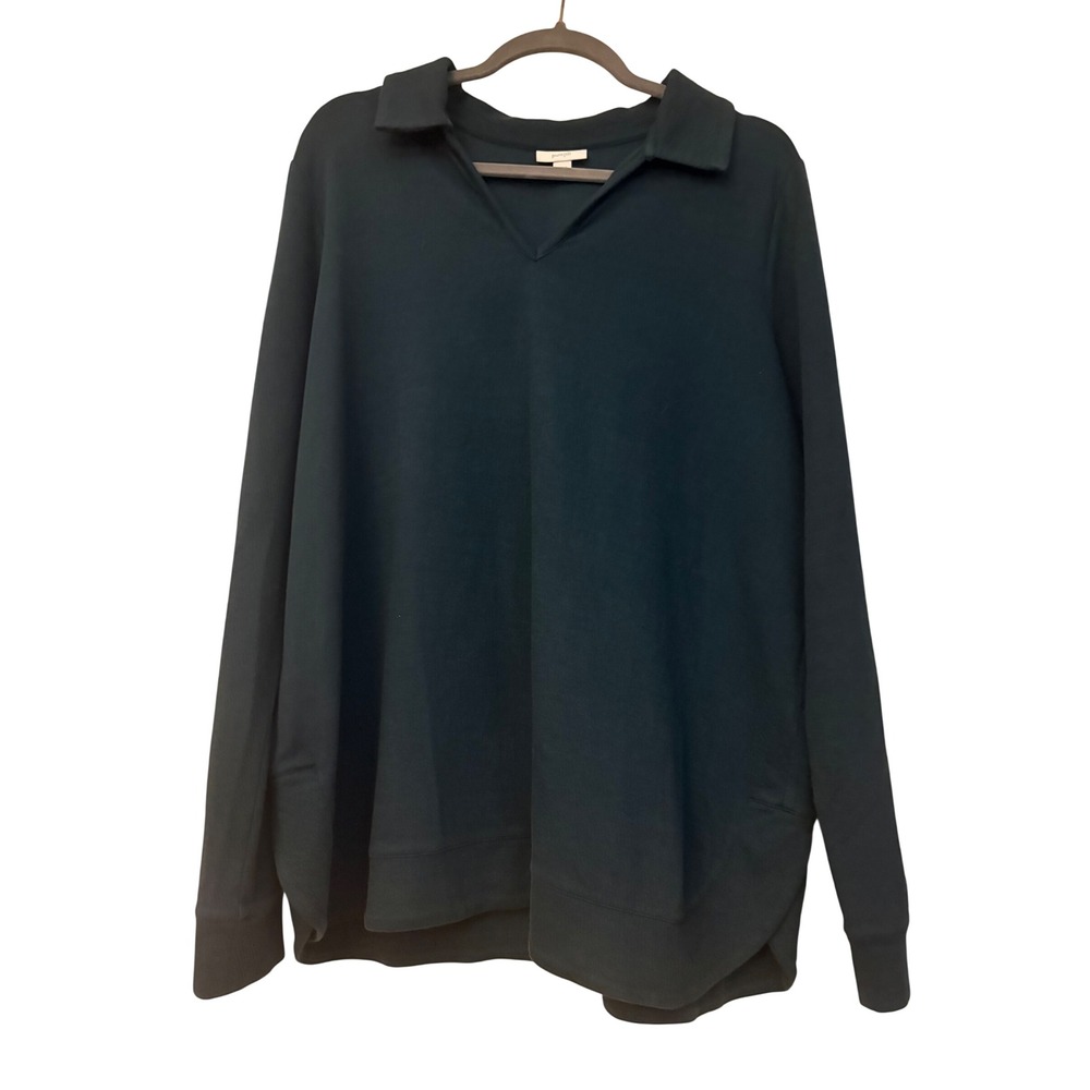 Pure Jill Womens Polo Sweatshirt Large Dark Teal V-Neck Long Sleeve